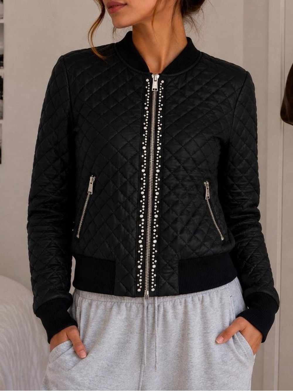 Michael Kors Black Quilted Rhinestone Zip Bomber Jacket XXS